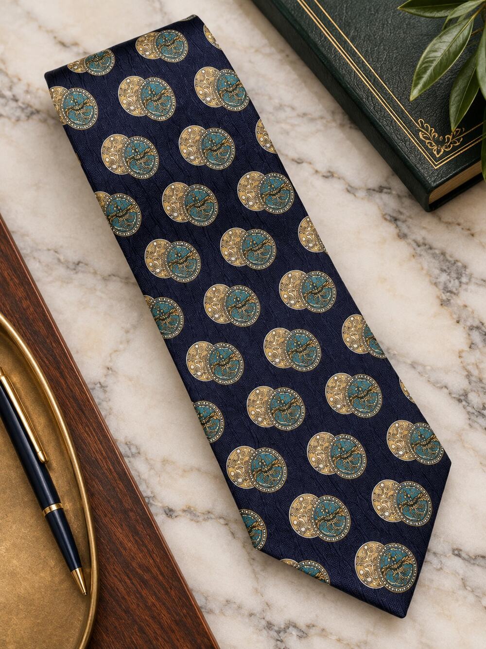 VALENTINO Navy Teal Gold Coin Medallion Print Silk Tie Made in Italy